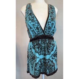 Hale Bob Silk Velvet Detail Teal Brown Halter Dress Y2K‎ Whimsigoth XS